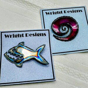 David Wright Sheer Metal Pins, Piranha and 3D swirl